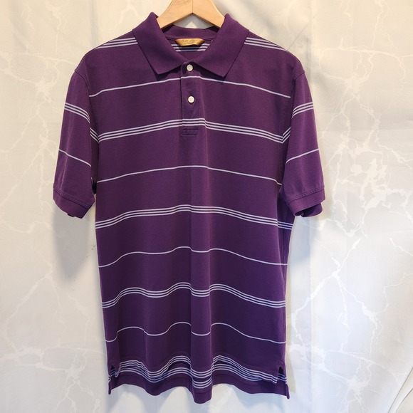 Gold Label Roundtree & Yorke Polo Mens LG Purple Striped 1/4 Button Short Sleeve - Picture 1 of 7